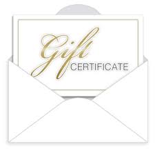 A gift certificate is shown in an envelope.