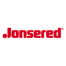 A red and white logo of jonsered