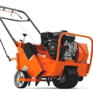 A small orange machine with engine and wheels.