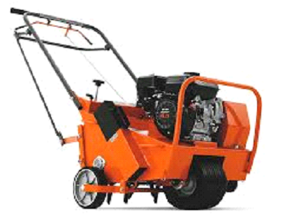 A small orange machine with engine and wheels.