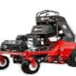 A red and black lawn mower with two bags on top of it.