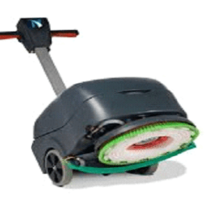 A black and green cleaning machine with wheels.