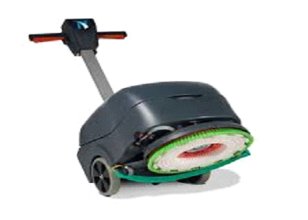 A black and green cleaning machine with wheels.