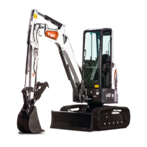 A small white and black excavator with a bucket.