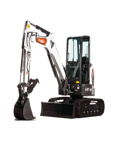 A small white and black excavator with a bucket.