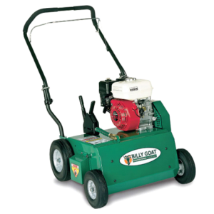 A green lawn mower with a red engine.