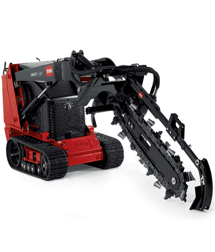 A red and black toy tractor with a metal arm.
