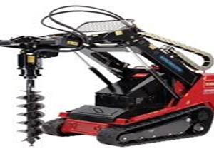 A red and black tractor with a plow attachment.