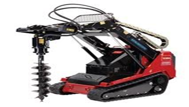 A red and black tractor with a plow attachment.