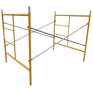 A yellow and silver scaffolding frame with metal posts.