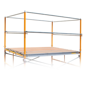 A metal frame with orange and white scaffolding on top.