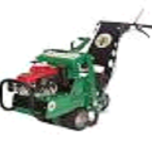 A green and red lawn mower with a black flag.