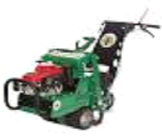 A green and red lawn mower with a black flag.
