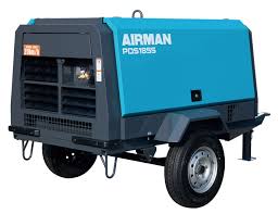 A blue and black air compressor on the ground