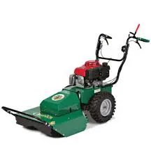 A green lawn mower with a red handle.