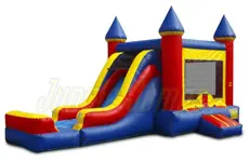 A blue and red inflatable castle with slide.