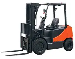 A forklift is shown with its seat up.