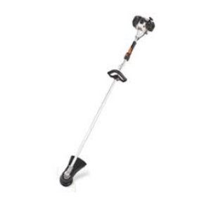 A white and black brush cutter on a white background
