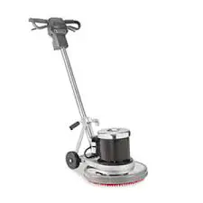 A floor buffer machine with wheels and a bucket.