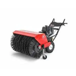 A red and black lawn mower on white background