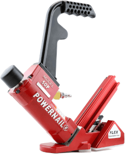 A red power nail stapler with a black handle.