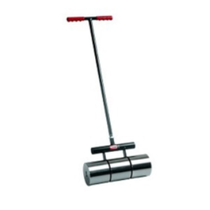 A metal roller with red handle and black base.