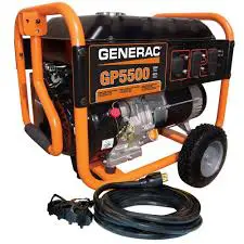 A generac portable generator with the power cord plugged in.