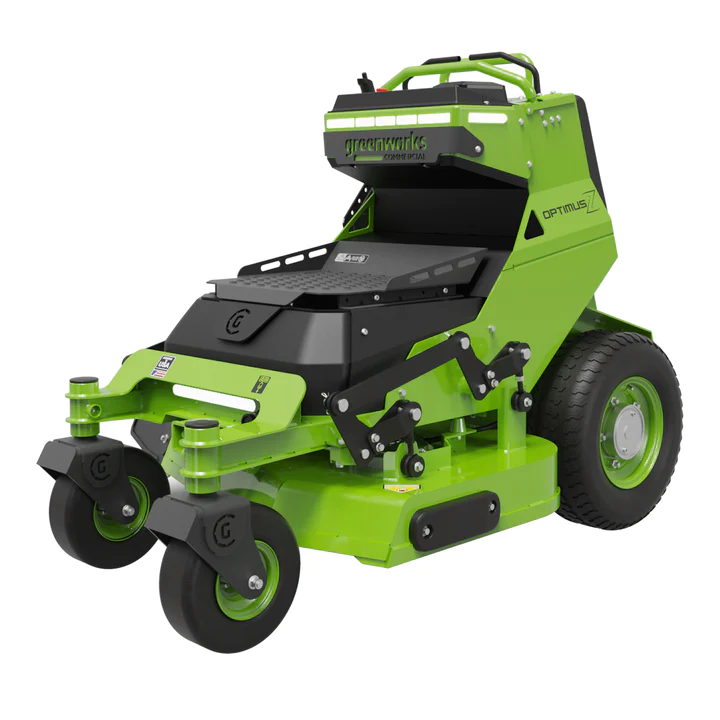 A green lawn mower with the seat up.