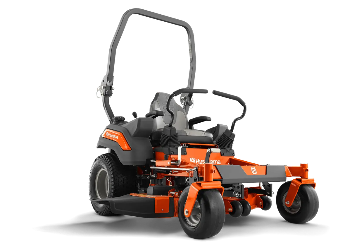 A picture of an orange and black lawn mower.