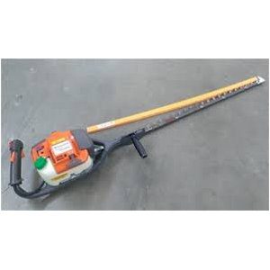 A long handled hedge trimmer with an orange handle.
