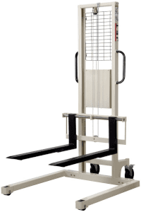 A white hand truck with two black handles.