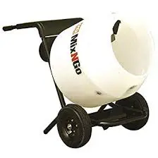 A white cement mixer sitting on top of a cart.