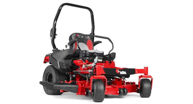 A red and black lawn mower on the ground.