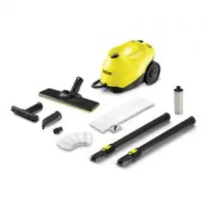 A yellow and black vacuum cleaner with accessories.