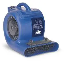 A blue air mover is sitting on the floor.