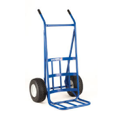 A blue hand truck with two wheels on the side.