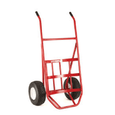 A red dolly with wheels on it