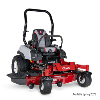 A red and white lawn mower on green background