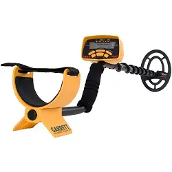 A yellow metal detector with a black handle and a digital display.