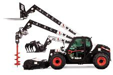 A black and red telehandler with three attachments.