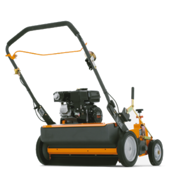 A lawn mower with a black and orange body.