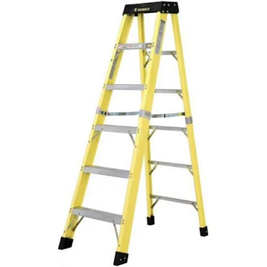 A yellow ladder with black handles and a black handle.