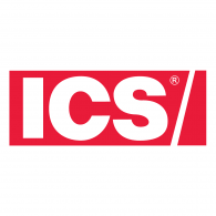 A red and white ics logo on top of a white background.