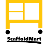 A yellow scaffolding cart with the words " scaffoldmart ".
