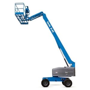Blue telescopic boom lift with raised platform