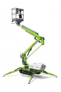 Green tracked spider lift with elevated work platform