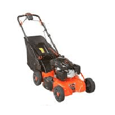 A lawn mower with an orange and black body.